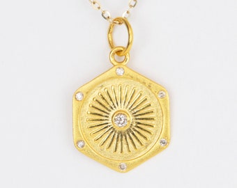 Hexagon Etched Star Pendant Charm with Diamond 14K Gold for Necklace OOAK Unique Gift for Her Anniversary Celestial Jewelry Layered R4423