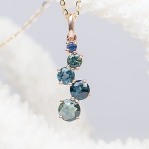 Gradual Size Teal Blue Green Sapphire Journey Pendant 14K Gold Necklace Charm Bridal Holiday Gift Something Blue Wedding Present R4036