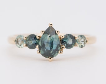 Montana Teal Sapphire Five-Stone Cluster Wedding Ring 14K Gold Engagement Ring Alternative Bridal Bride Anniversary Gift Unique OOAK R6501