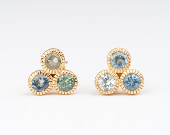 Trio of Montana Sapphire Milgrain Bezel Set Ear Stud 14K Gold Earring Earrings Teal Blue Green Unique Everyday Jewelry Christmas Gift R3227