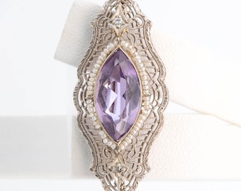 Vintage 14K White Gold Filigree Brooch Amethyst Diamond Seed Pearls 1.5" 3.66g Statement Piece February Birthday Anniversary Gift R4573