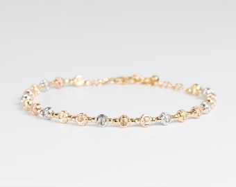 Pulsera de cuentas brillantes con corte de diamante de oro macizo de 18 quilates de tres colores 4,7 g / joyería italiana italiana preciosa única oro rosa blanco amarillo brillante R2053