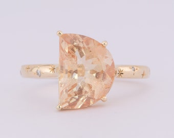 4.29ct Half Moon Oregon Sunstone Ring with Celestial Design Band 14K Gold Alternative Bride Bridal Whimsical Unique Modern Jewelry R6607