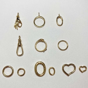 Solid 14K 18K Gold Charm Holder Chain Connector Carabiner Various Sizes Shapes Push Gate Spring Ring Seamless Pendant Bail Triggerless Clasp