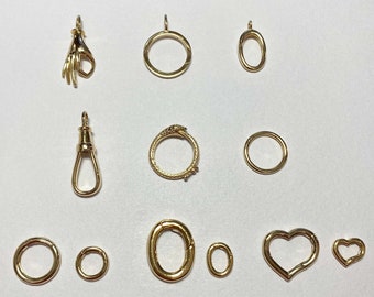 Solid 14K 18K Gold Charm Holder Chain Connector Carabiner Various Sizes Shapes Push Gate Spring Ring Seamless Pendant Bail Triggerless Clasp