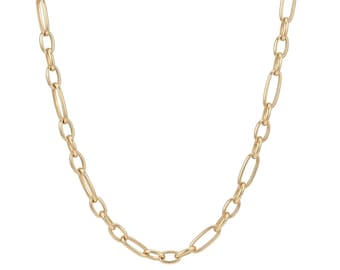14K Gold Mixed Link Chain Necklace 10g+ Trombone Oval Links Modern Classic Stylish Trendy Layering Necklaces Neck Stack Designer R4590