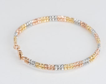 18K Gold Tri-Color Diamond Cut Bead Double Row Bangle 6.31g Sparkle Beads Sparkly Bracelet Gift for Her Mother's Day Stunning Layering R2065