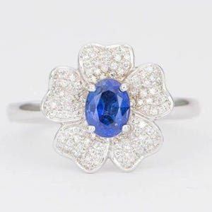 Blue Sapphire Ring Diamond 18K White Gold Flower Floral Anniversary Engagement Ring Petal Halo Unique OOAK Cornflower Gift for Her AD1384