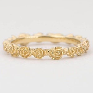 Rose 14K Gold Ring Unique Wedding Band Flower Floral Full Eternity Stacking Rings Stackable Organic Feminine Handmade Artisan AD1501