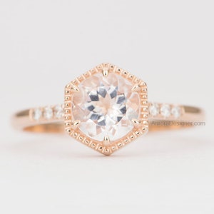 Soft Pink 6.5mm Morganite Ring 14K Gold Hexagon Setting Milgrain Diamond Pave Unique Engagement Ring Wedding Geometric Alternative AD1462MO image 1
