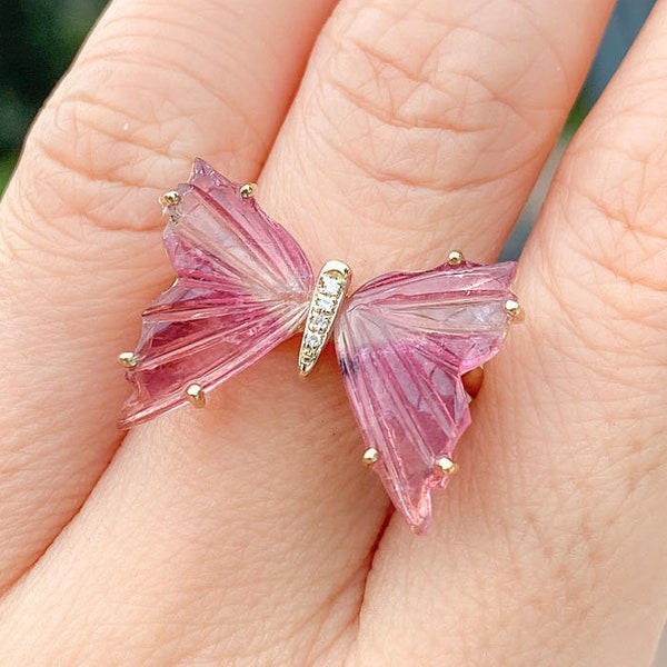 Pink Tourmaline Butterfly Ring 14K Yellow Gold with Diamond Bicolor Bi-Color Carved Wing Carving Unique OOAK October Birthstone AD1952-4