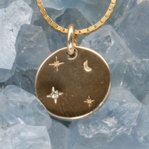 12mm Celestial Diamond Circle 14K Gold Pendant Charm Necklace Hand Engraved Carved Sun Ray Moon Stars Birthday Gift for Her Talisman M4005