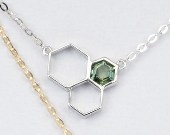 Hexagon Montana Sapphire Bee Hive Necklace 14K Gold Adjustable Nature Inspired Unique Holiday Gift for Her Layering Geometric Modern R4379