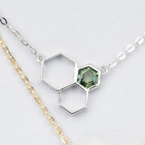 Hexagon Montana Sapphire Bee Hive Necklace 14K Gold Adjustable Nature Inspired Unique Holiday Gift for Her Layering Geometric Modern R4379