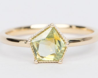 Geo Cut Green Montana Sapphire Solitaire Ring 14K Gold Unique OOAK Precision Cut Geometric Pentagon Shape Mined in USA Right Hand R6400