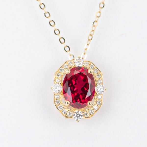 2.1ct Lab Ruby with Moissanite Halo Pendant Charm 18K Gold Pigeon Blood Red Flawless Gemstone July Birthstone Vintage Inspired Design R4363