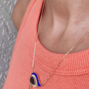 Eye of Horus 1.82ct Nigerian Sapphire with Blue Enamel 9K Gold Necklace Teal Blue Green Pear Shape Talisman Egyptian Revival Unique R4262 image 5