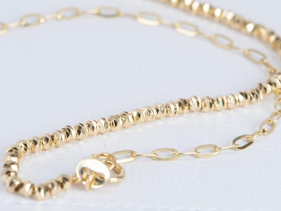 Real 18K Gold Necklace 18" Chain Half Paperclip Half Sparkle Bead 3.8g+ Textured Beaded Specialty Versatile Great Gift for Her R4381