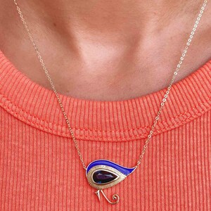 Eye of Horus 1.82ct Nigerian Sapphire with Blue Enamel 9K Gold Necklace Teal Blue Green Pear Shape Talisman Egyptian Revival Unique R4262 image 4