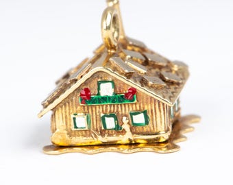 Solid 14K Gold Enamel House Charm Pendant with Movable Openable Roof with Bed and Couple V1073