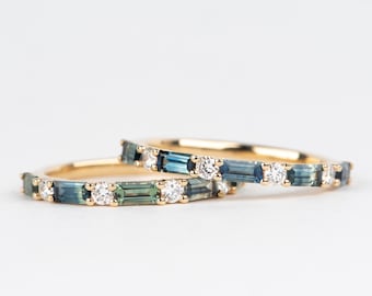 Bi-Color Teal Blue Green Sapphire and Diamond Wedding Band 14K Gold Alternating Mermaid Colors September Birthstone Stackable Ring R6767