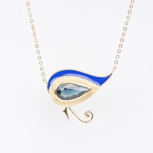 Eye of Horus 1.82ct Nigerian Sapphire with Blue Enamel 9K Gold Necklace Teal Blue Green Pear Shape Talisman Egyptian Revival Unique R4262 image 2