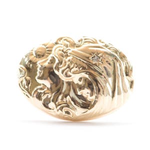 Victorian Art Nouveau Woman Face Diamond Repousse Cufflinks Converted to Ring 14K Gold Sideways Set Flowy Hair Vintage Gift Conversion R6280