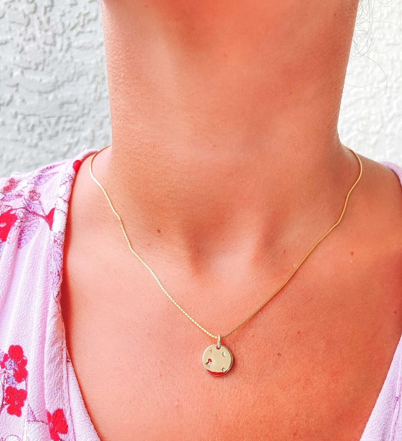 12mm Celestial Diamond Circle 14K Gold Pendant Charm Necklace Hand Engraved Carved Sun Ray Moon Stars Birthday Gift for Her Talisman M4005 image 5