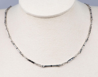 Vintage 14K White Gold and Black Enamel Watch Chain 13.75" Signed BB Binder Bros with Large Spring Ring and Swivel Dog Clip Heavy 9g V1194