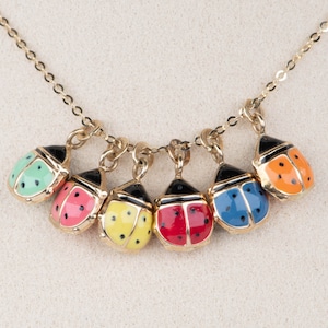 Solid 14K Gold Colorful Enameled Ladybug Pendant with Clip-On Bail Enamel Charm for Necklace Insect Animal Nature Inspired Red Pink R4521