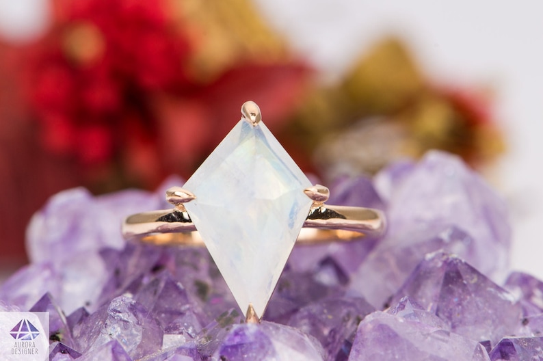 3.55ct Shield Kite Shape Rainbow Moonstone Engagement Ring 14K Rose Gold Solitaire Rustic Rose Cut Rosecut Claw Prongs Wedding AD1686-10