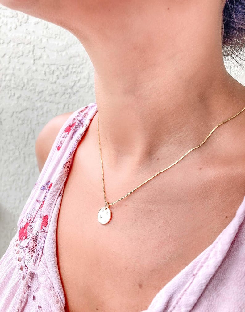 12mm Celestial Diamond Circle 14K Gold Pendant Charm Necklace Hand Engraved Carved Sun Ray Moon Stars Birthday Gift for Her Talisman M4005 image 6
