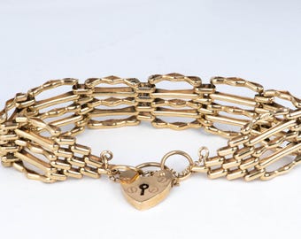 9K Gold Vintage Wide Gate Link Bracelet with Padlock Heart Clasp 6.75" Has Safety Link Heavy 15g+ Assayed 375 V1064