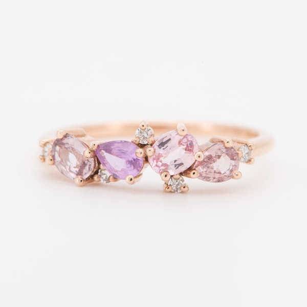 Mixed Pink Peachy Sapphire Ring 14K Rose Gold Pear Oval Shape Diamond Cluster Padparadscha Color Unique Wedding Band Stacking Rings AD1469PP