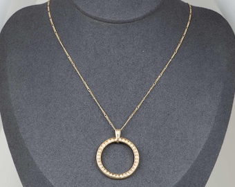 14K Gold Seed Pearl Circle Pendant with 1.4mm Wide Figaro Chain Necklace 18" V1191