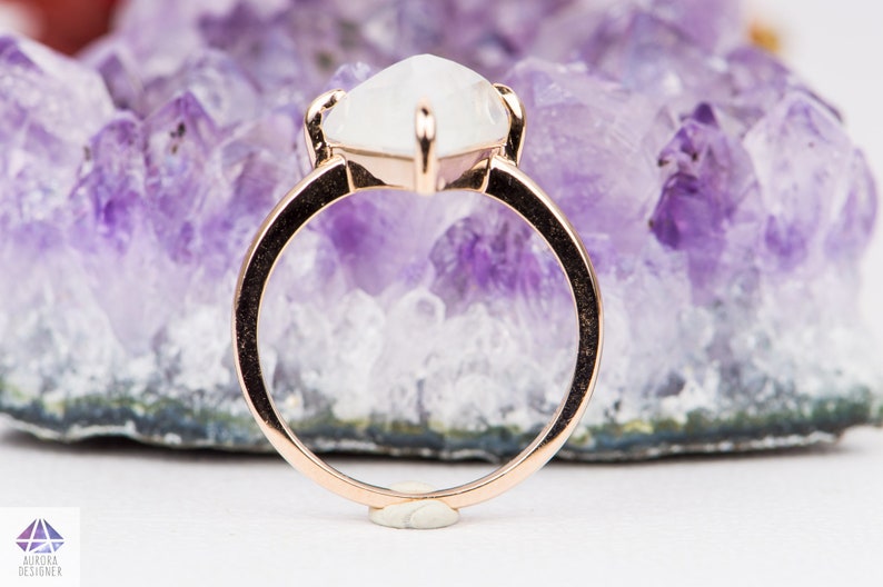 3.55ct Shield Kite Shape Rainbow Moonstone Engagement Ring 14K Rose Gold Solitaire Rustic Rose Cut Rosecut Claw Prongs Wedding AD1686-10