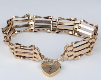 9K Gold Vintage Gate Link Bracelet with Padlock Heart Clasp 7.25" Has Safety Link 10g Assayed 375 V1203
