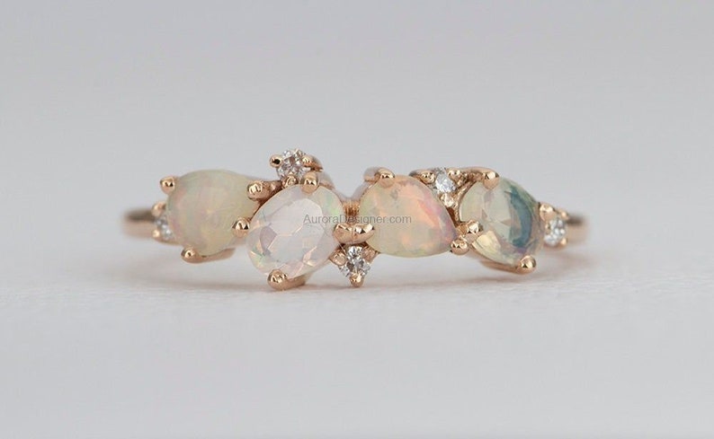Faceted Opal Ring 14K Gold Mixed Pear Shape Oval with Diamonds Cluster Unique Wedding Band Stacking Rings Ethiopian Fire AD1469O 