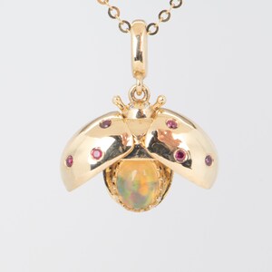 Mexican Fire Opal Ladybug Pendant Moving Wings 14K Gold Ruby Diamond Spots Animal Cute Insect Nature Inspired Unique Birthday Gift R4530
