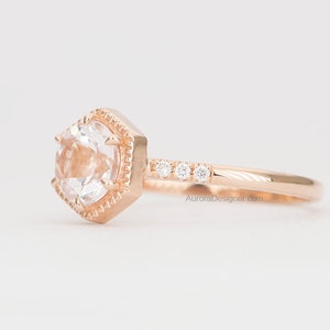 Soft Pink 6.5mm Morganite Ring 14K Gold Hexagon Setting Milgrain Diamond Pave Unique Engagement Ring Wedding Geometric Alternative AD1462MO image 3