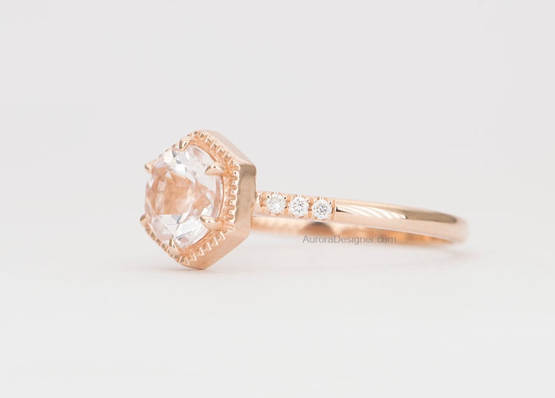 Soft Pink 6.5mm Morganite Ring 14K Gold Hexagon Setting Milgrain Diamond Pave Unique Engagement Ring Wedding Geometric Alternative AD1462MO image 3