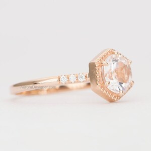 Soft Pink 6.5mm Morganite Ring 14K Gold Hexagon Setting Milgrain Diamond Pave Unique Engagement Ring Wedding Geometric Alternative AD1462MO image 2
