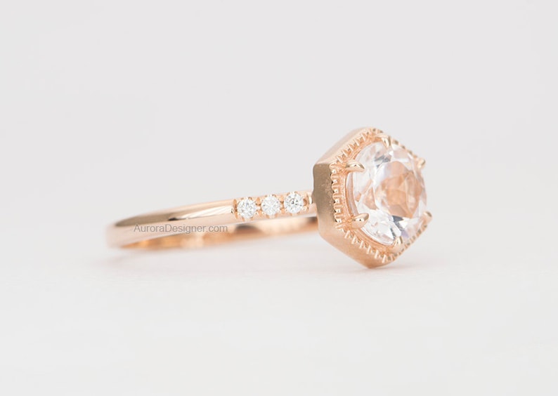 Soft Pink 6.5mm Morganite Ring 14K Gold Hexagon Setting Milgrain Diamond Pave Unique Engagement Ring Wedding Geometric Alternative AD1462MO image 2