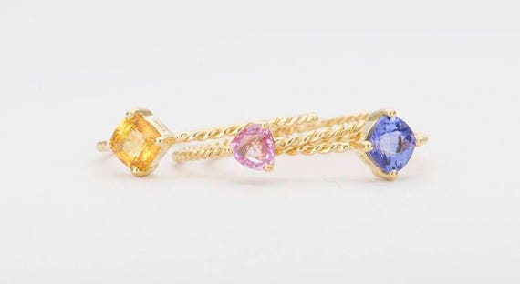 4mm Tanzanite Cushion Cut 18K Gold Ring Prong Set on Dainty Twisted Band Alternative Engagement Solitaire Promise Stacking Rings Blue AD1322