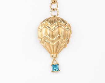 14K Gold Large Hot Air Balloon Pendant with Blue Topaz Heavy 9g V1060