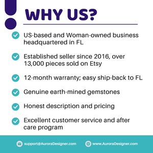 The image is a promotional graphic for an online business, featuring several checkmarks indicating that it is US-based and Woman-owned, established since 2016, and selling over 13,000 pieces on Etsy. The business offers a 12-month warranty, easy ship-back to FL, genuine earth-mined gemstones, honest description and pricing, and excellent customer service and after care program.
