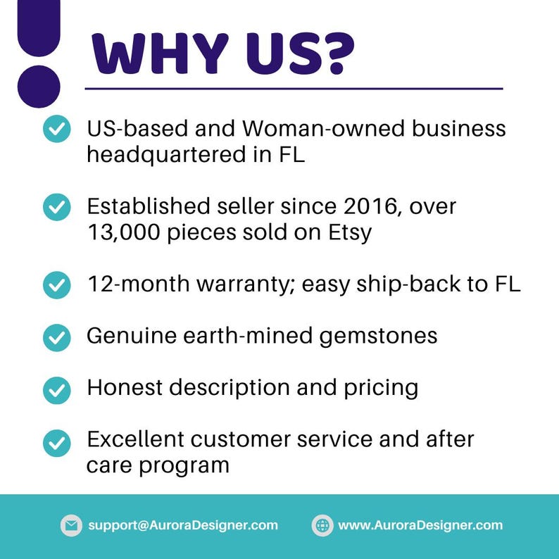 The image is a promotional graphic for an online business, featuring several checkmarks indicating that it is US-based and Woman-owned, established since 2016, and selling over 13,000 pieces on Etsy. The business offers a 12-month warranty, easy ship-back to FL, genuine earth-mined gemstones, honest description and pricing, and excellent customer service and after care program.