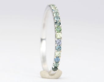 1.5mm Teal Blue Green Sapphire Pave Wedding Band 14K Gold Stacking Rings Half Eternity Mixed Light Soft Colors Gift for Her OOAK AD1521BS2
