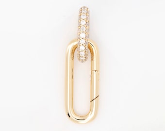 14K or 18K Gold Elongated Push Gate Link with Diamond Pave Oval Ring Chain Connector Charm Holder for Necklace Pendant Neck Stack M4055