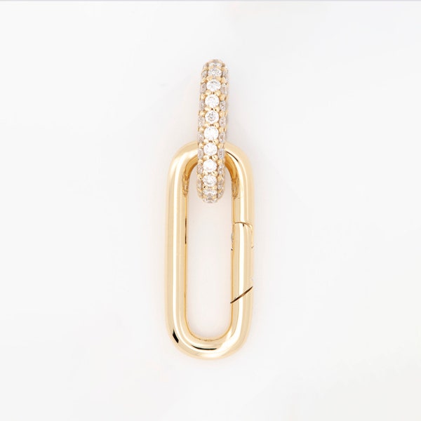 14K or 18K Gold Elongated Push Gate Link with Diamond Pave Oval Ring Chain Connector Charm Holder for Necklace Pendant Neck Stack M4055